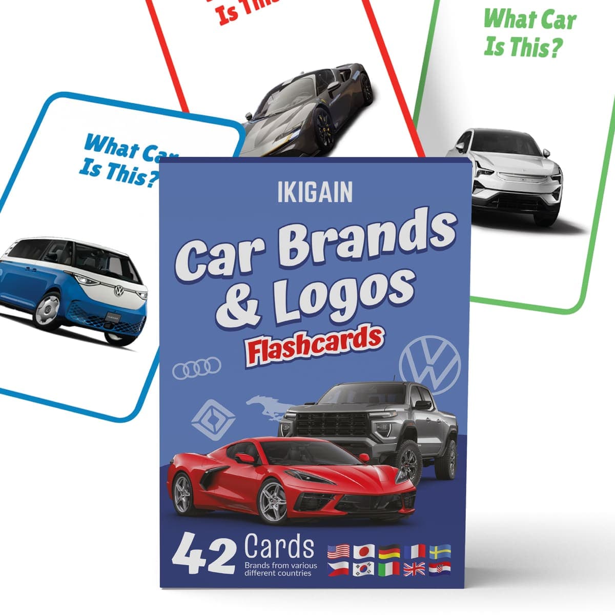 IKIGAIN Car Brands and Logos Flash Cards - 42 Educational Cards for Kids Ages 4-8
